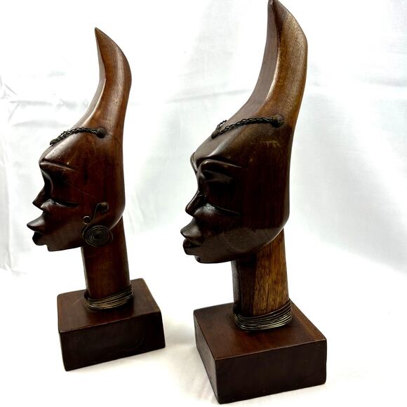 set African Vintage Statues Art Collectible couple with jewelry hand carved Bust - Picture 3 of 7